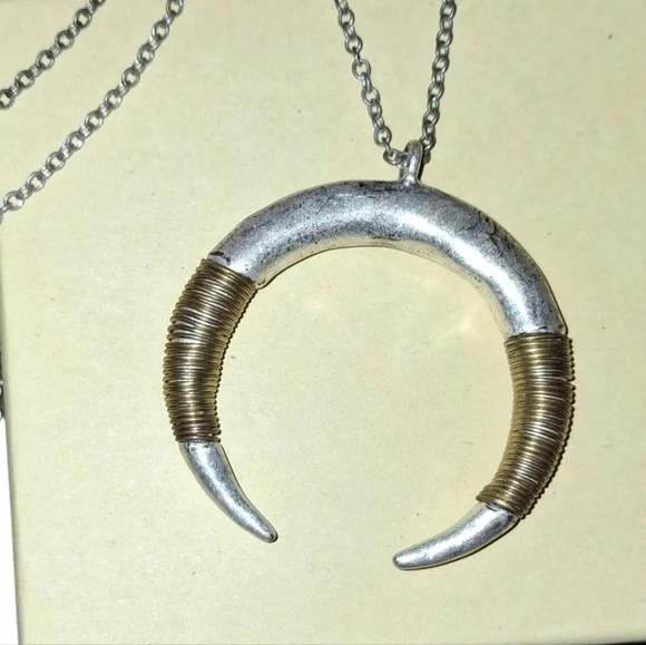 Mixed Metal Double Horn Crescent Silvertone Statement Pendant Necklace - Picture 1 of 7